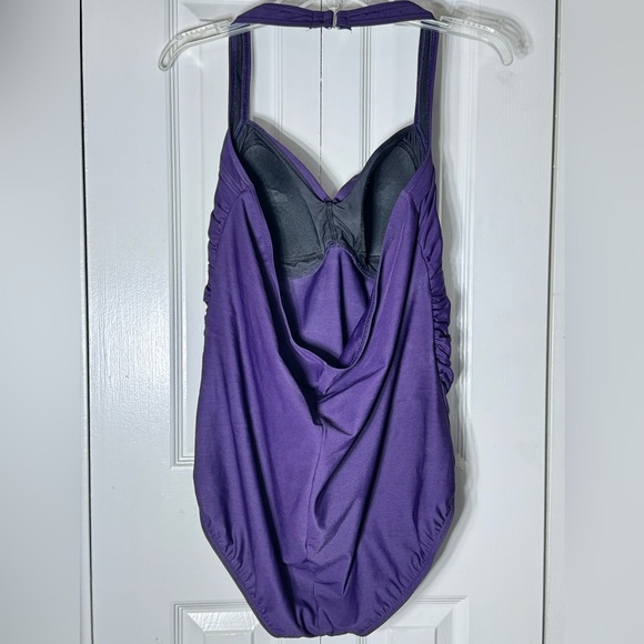 Lands' End Eggplant Purple One Piece Swimsuit with Halter Style and Ruching - Picture 3 of 4